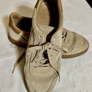 Zara Men's Beige Suede low-top Retro-style lace-up sneakers Sz 43